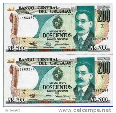 PAIRE BILLETS MONNAIE NEUFS URUGUAY AMERIQUE SUD 200 NUEVOS PESOS BANCO CENTRAL 3 SIGNATURES N°15885287 Et 286 J E RODO - Uruguay