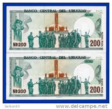 PAIRE BILLETS MONNAIE NEUFS URUGUAY AMERIQUE SUD 200 NUEVOS PESOS BANCO CENTRAL 3 SIGNATURES N°15885287 et 286 J E RODO