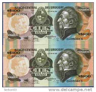 PAIRE DE BILLETS MONNAIE NEUFS URUGUAY AMERIQUE DU SUD 100 NUEVOS PESOS 3 SIGNATURES N°20983814 Et 815 SERIE G - ARTIGAS - Uruguay