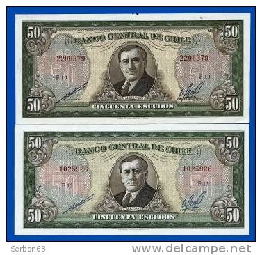 PAIRE BILLETS MONNAIE DONT 1 NEUF CHILI AMERIQUE DU SUD 50 ESCUDOS 2 SIGNATURES N°1025926 F13 Et 2206379 F10 ALESSANDRI - Cile