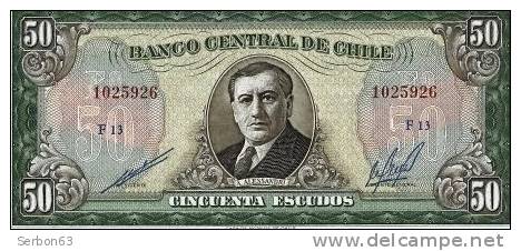 PAIRE BILLETS MONNAIE DONT 1 NEUF CHILI AMERIQUE DU SUD 50 ESCUDOS 2 SIGNATURES N°1025926 F13 Et 2206379 F10 ALESSANDRI - Chile