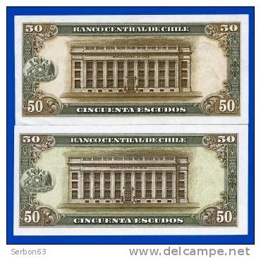 PAIRE BILLETS MONNAIE DONT 1 NEUF CHILI AMERIQUE DU SUD 50 ESCUDOS 2 SIGNATURES N°1025926 F13 et 2206379 F10 ALESSANDRI