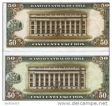 PAIRE BILLETS MONNAIE DONT 1 NEUF CHILI AMERIQUE DU SUD 50 ESCUDOS 2 SIGNATURES N°1025926 F13 et 2206379 F10 ALESSANDRI