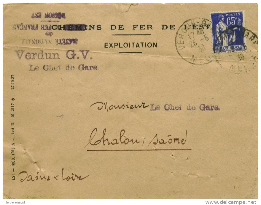 Paix N°365 Sur Enveloppe Des Chemins De Fer De L'Est à Verdun , Pour  Chalon-sur-Saône - 1932-39 Vrede