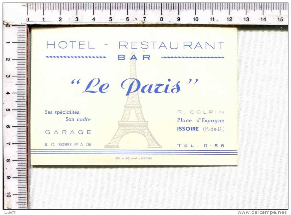 CARTONNETTE PUBLICITAIRE  - HOTEL - RESTAURANT  - BAR -  LE PARIS  -  ISSOIRE - Autres & Non Classés