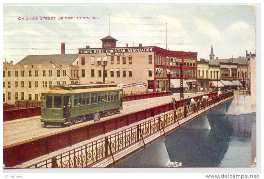 Chicago Street Bridge Elgin Illinois Train Trolley 1912 - Elgin