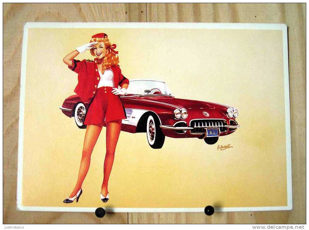 DESSIN A LAURENT  PIN UP VOITURE AMERICAINE ROUGE SIGNE - Pin-Ups