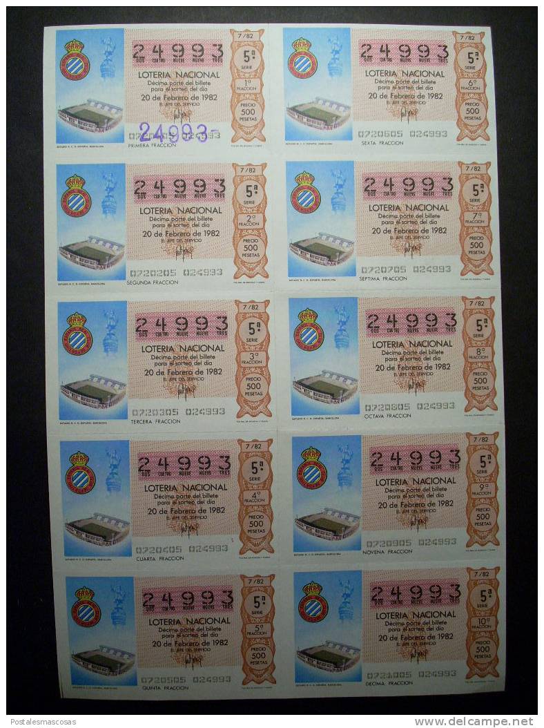 2439 ESPAÑA LOTERIA NACIONAL LOTERY LOTERIE ESTADIO R.C.D. ESPAÑOL BARCELONA AÑO 1982 500 PESETAS - TENGO MAS LOTERIA - Loterijbiljetten