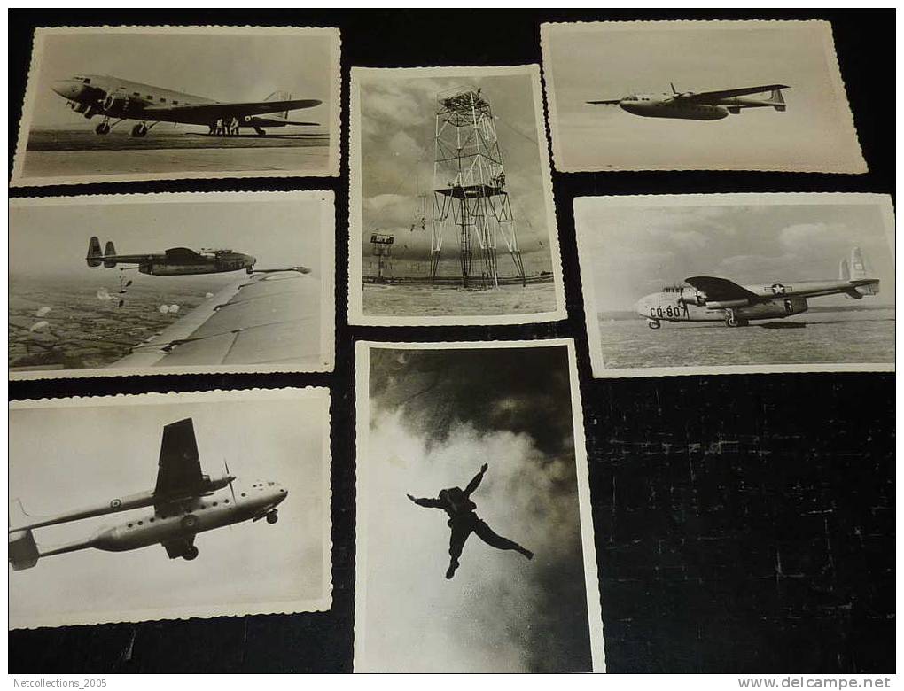 LOT DE 7 CARTES PHOTO PARACHUTISME AVIATION - UNITED STATES AIR FORCE - PARACHUTE AVIONS + ZONE D´ENTRAINEMENT POUR SAUT - Paracadutismo