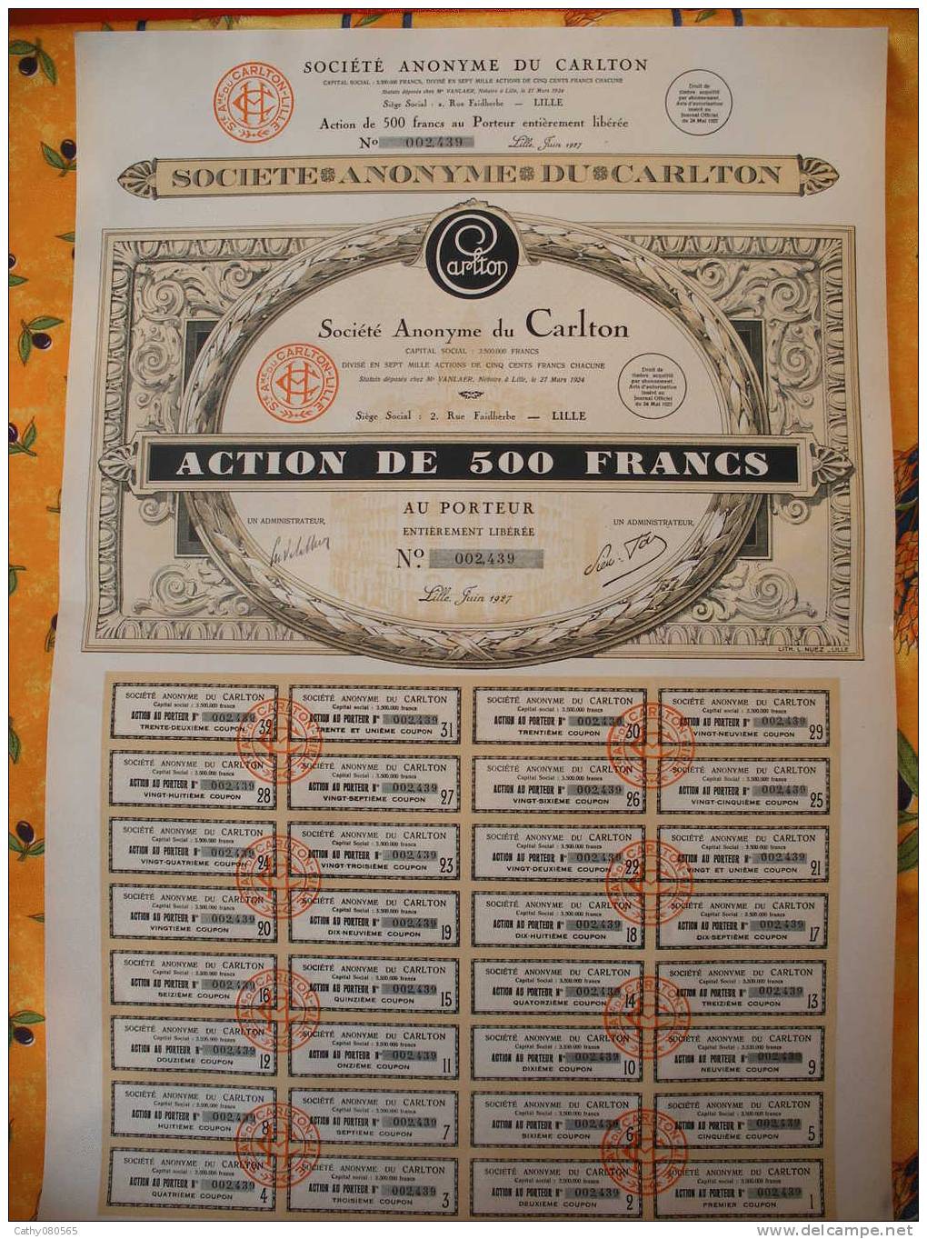 ACTION RARE  "  CARLTON LILLE" De 1927 // HOTEL-CASINO// NORD - Tourisme