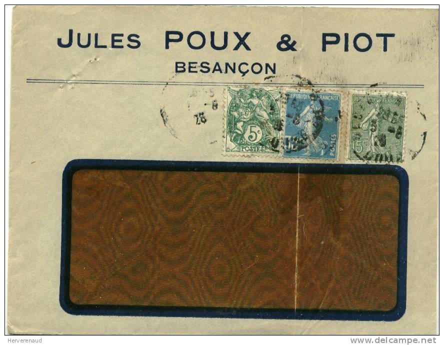 Blanc N°111, Semeuse N°130 Et 192 Sur Lettre  "bonneterie Poux Et Piot" à Besançon, Pour Chalon-sur-Saône - 1900-29 Blanc