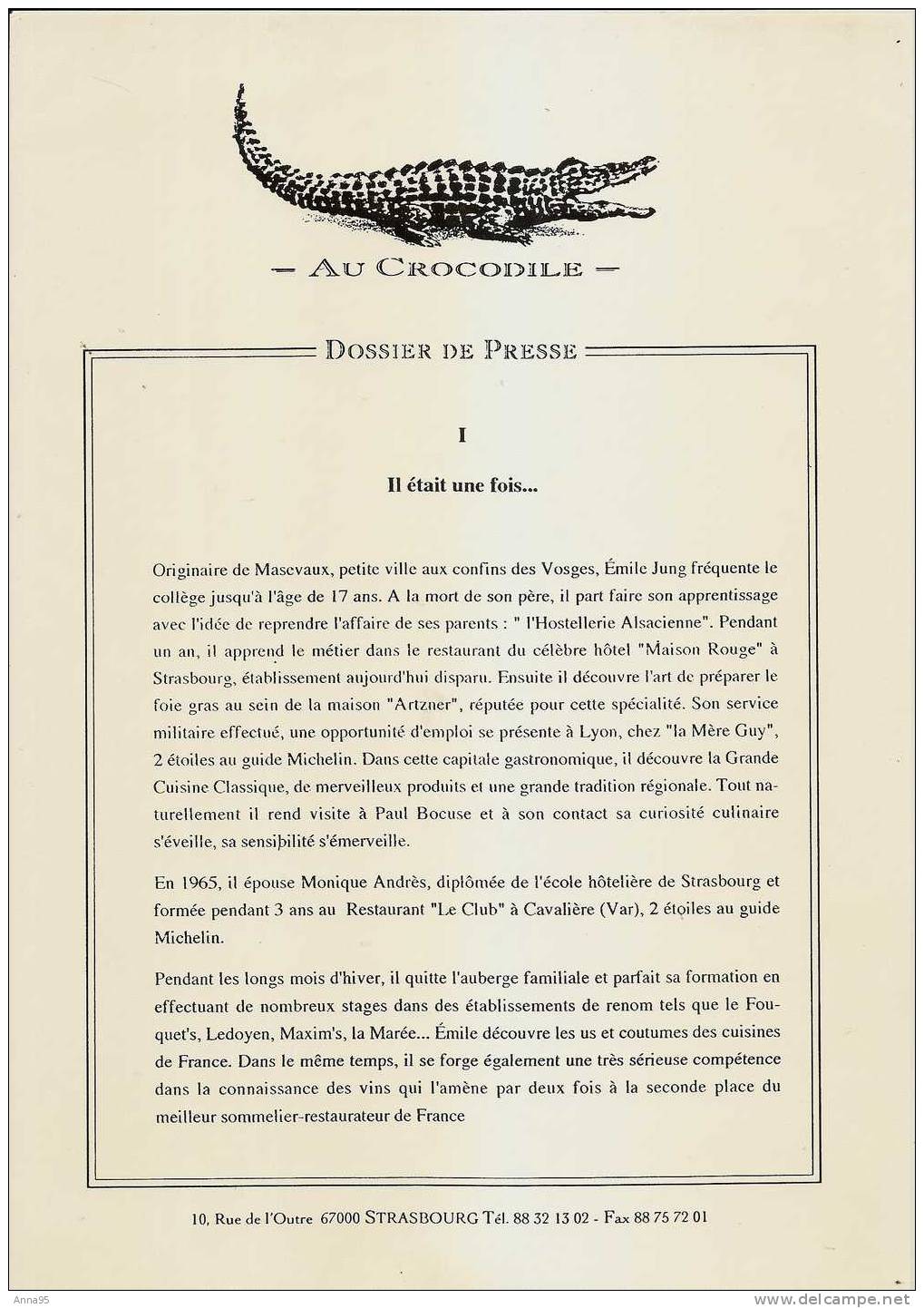 MENU ET DOSSIER DE PRESSE  RESTAURANT "AU CROCODILE" STRASBOURG Voir Détails - Menu