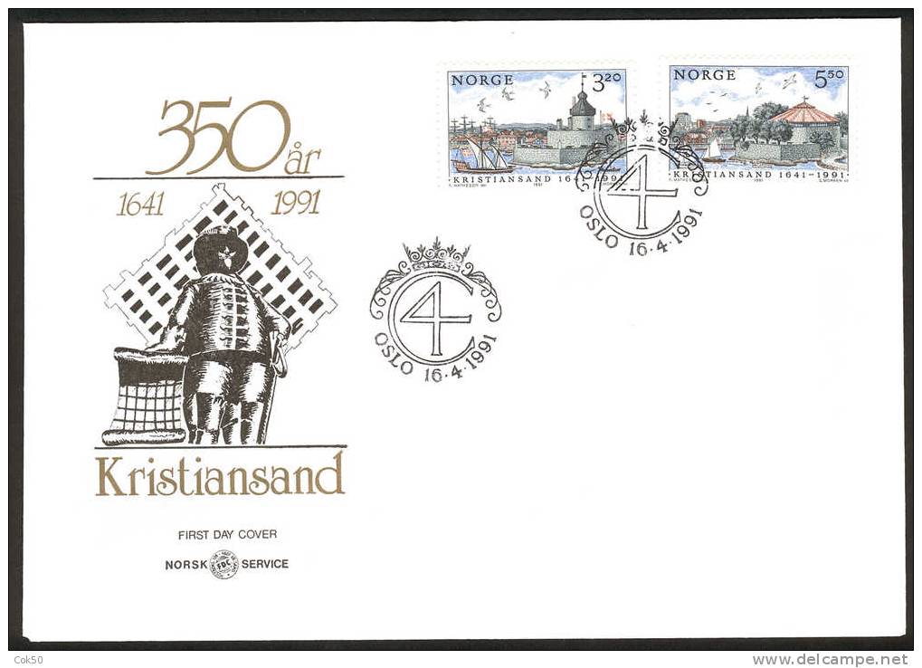 NORWAY FDC 1991 «Kristiansand 350 Years». Perfect, Cacheted Unadressed Cover - FDC