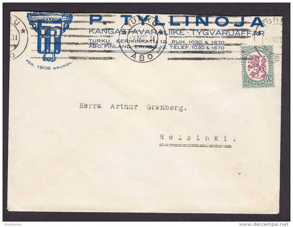 Finland P. TYLLINOJA Kangastavaraliike - Tygvaruaffär, TURKU 1927 Cover To Helsinki - Brieven En Documenten