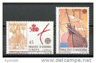 SERIE 2 TIMBRES NOUVEAUX L'ANDORRE - 1992 L'EUROPE - PROUE DE CARABELA SAINTE MARIA - BATEAU - DÉCOUVERTE DE L'AMÉRIQUE - 1992