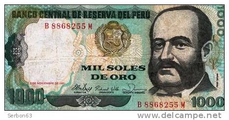 BILLETS MONNAIE USAGE PEROU AMERIQUE DU SUD 1000 SOLES DE ORO 3 SIGNATURES N° B 8868255 M  MIGUEL GRAU - Peru
