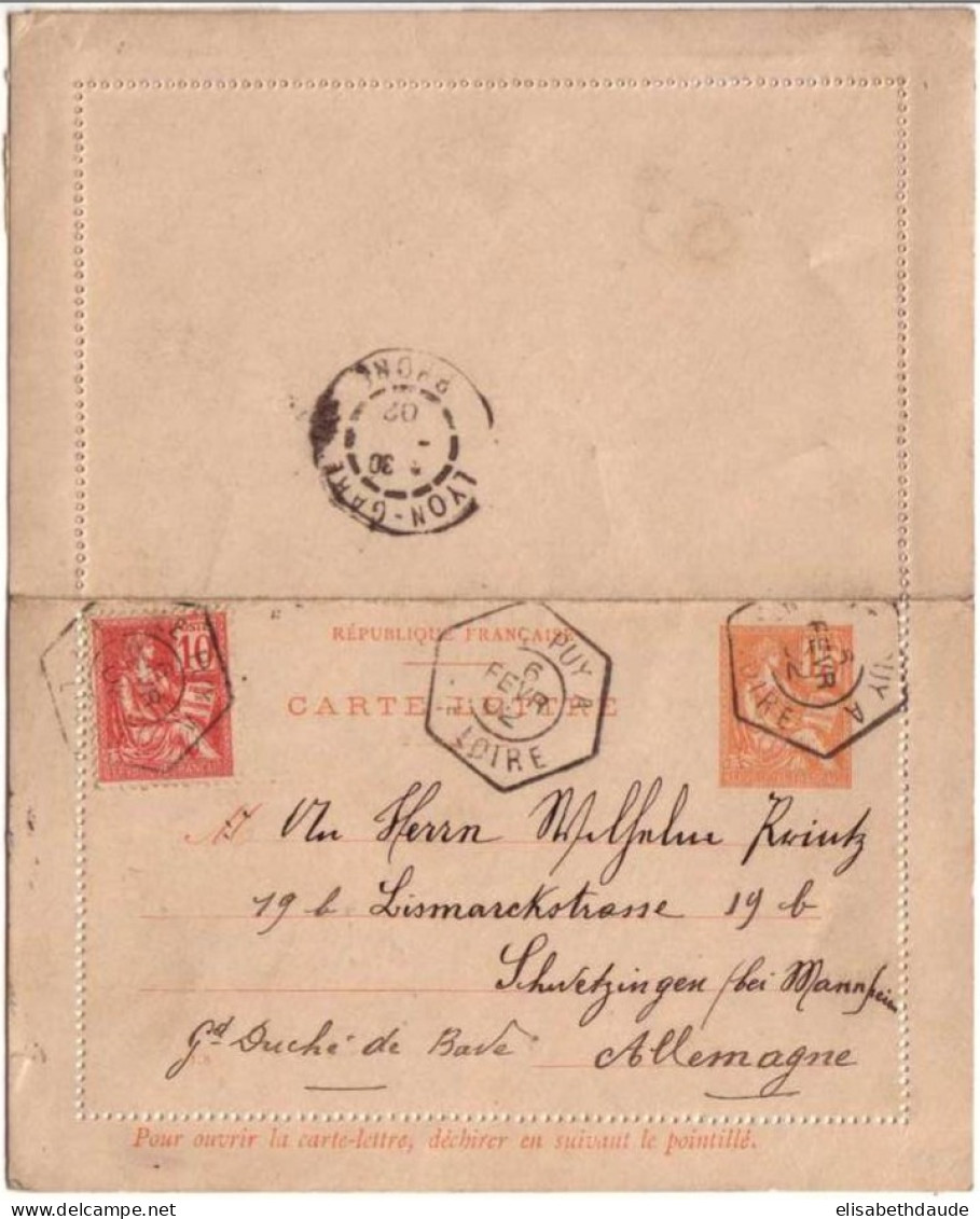 ENTIER POSTAL - CARTE LETTRE - TYPE MOUCHON - VOYAGEE En 1902 De LE PUY (RECETTE AUXIL) Pour SCHWETZINGEN (BADEN) - Tarjetas Cartas