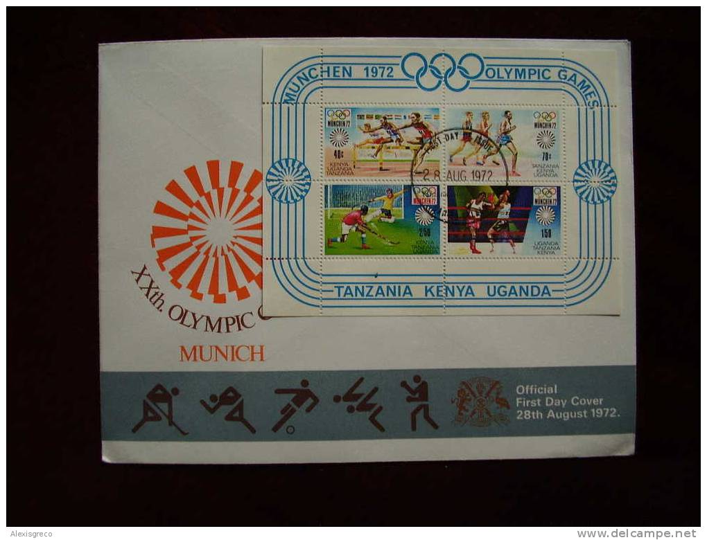 KUT 1972 MUNICH OLYMPICS MINISHEET (4 Values) On FDC. - Kenya, Ouganda & Tanzanie