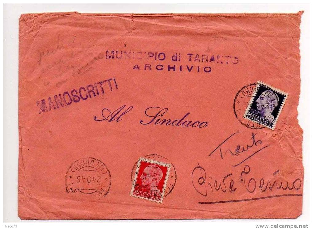 TARANTO - PIEVE TESINO -  Cover / Lettera   24.9.1945 - Imperiale Senza Fasci Lire 1 + 20 Cent. - Marcophilie