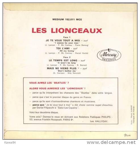 Les Lionceaux / Beatles  "  Je Te Veux Tout à Moi  " - 45 Toeren - Maxi-Single