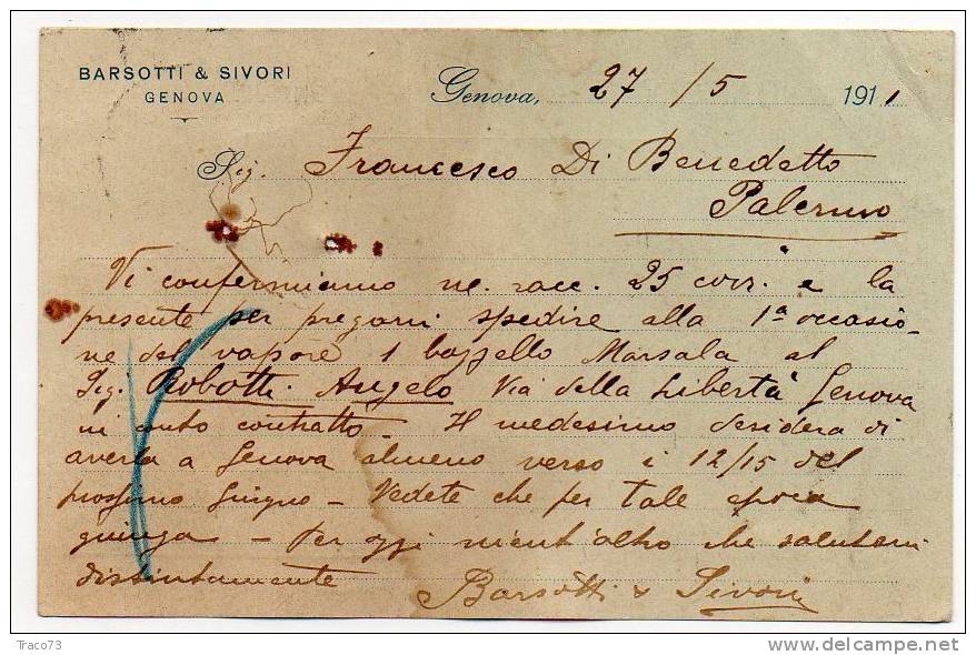 GENOVA - PALERMO  -  Card / Cartolina  17.5.1911 - FIRMA " Barsotti & Sivoni  - Genova " - Leoni Cent. 10 Isolato - Reclame