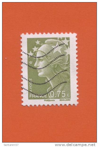 Timbre Oblitéré Used Stamp Selo Carimbado Marianne De Beaujard 0,75 Euro Vert-olive France 2010 Y&T 4473 - 2008-2013 Marianne (Beaujard)