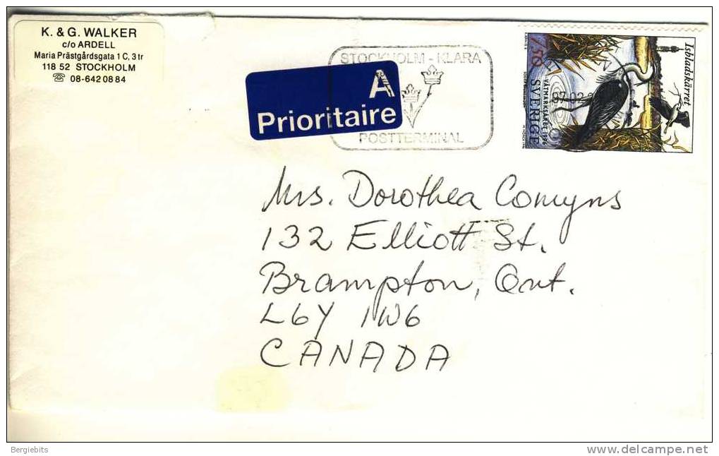 1994  Sweden  Priority  Airmail Cover With Very Nice  Franking  Blue Heron Bird - Lettres & Documents