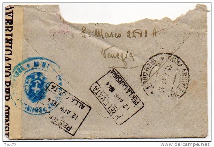 VENEZIA  / ROMA - Lettera  "VERIFICATA PER CENSURA"  11.4.1944  -Imperiale Cent. 50 Isolato - Storia Postale