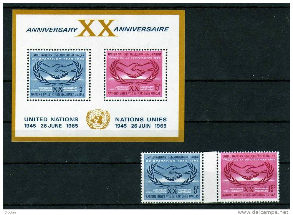 20 Jahre UNO 1965 Symbolischer Händedruck Der UN In New York 154/5 Plus Block 3 ** 2€ UN-bloc Sheet From America - Briefmarken