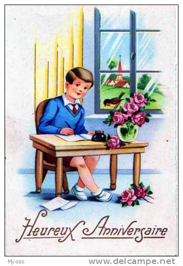 Illustrateur Jeune Garcon En Train D'ecrire A L'encre, Assis A Son Bureau, Encrier, Rouge Gorge,heureux Anniversaire - Before 1900