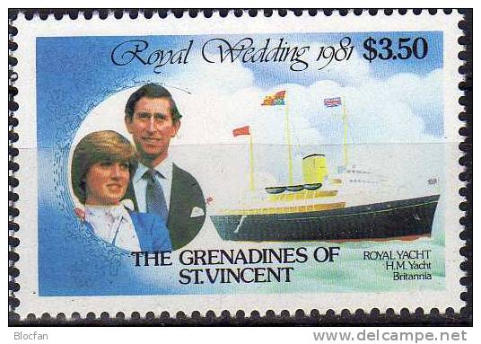 Hochzeitreise Lady Di Auf MS Britannia 1981 Grenadinen Of St. Vincent 216,ER Plus 4-Block ** 21$ Ship Sheet From Caribic - St.Vincent Und Die Grenadinen