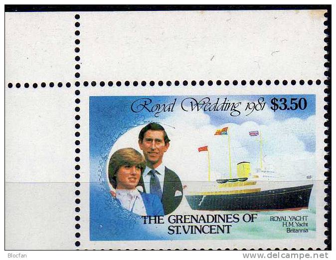 Hochzeitreise Lady Di Auf MS Britannia 1981 Grenadinen Of St. Vincent 216,ER Plus 4-Block ** 21$ Ship Sheet From Caribic - St.Vincent & Grenadines