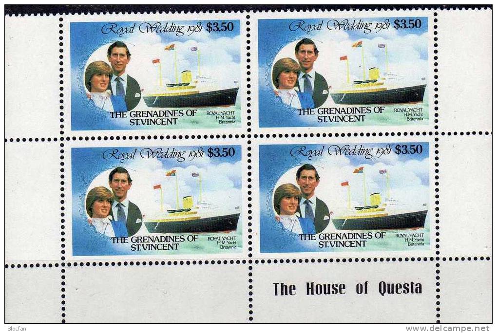 Hochzeitreise Lady Di Auf MS Britannia 1981 Grenadinen Of St. Vincent 216,ER Plus 4-Block ** 21$ Ship Sheet From Caribic - St.Vincent & Grenadines