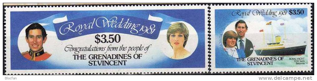 Lady Diana Charles Hochzeit-Reise 1981 Grenadinen Of St. Vincent 216/7, ER+ Kleinbogen ** 35$ Ship Sheetlet From Caribic - St.Vincent & Grenadines