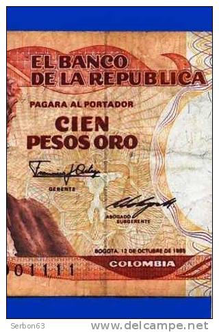 BILLET MONNAIE COLOMBIE BOGOTA 12 OCTOBRE 1985 AMERIQUE DU SUD 100 PESOS ORO 2 SIGNATURES N° 48901111 NARINO - Colombia