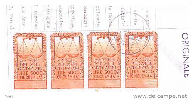 Italia Marche Per Atti Giudiziari 4  X  £. 5.000 Su Frammento Di Carta Bollata - Revenue Stamps