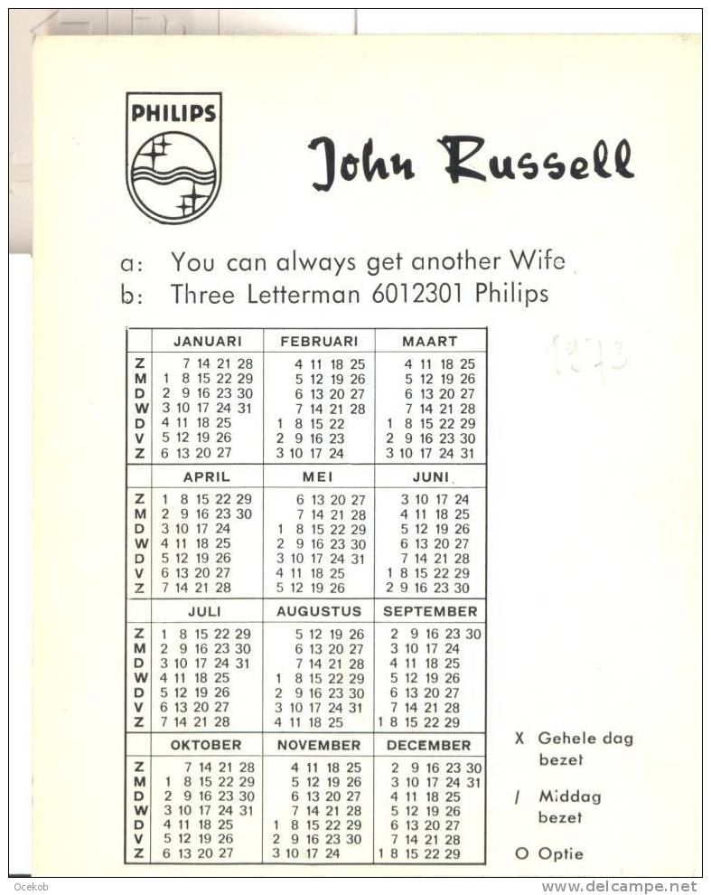 Kalender JOHN RUSSELL 1973 Pub./recl. Philips (2 Scans) - Petit Format : 1971-80