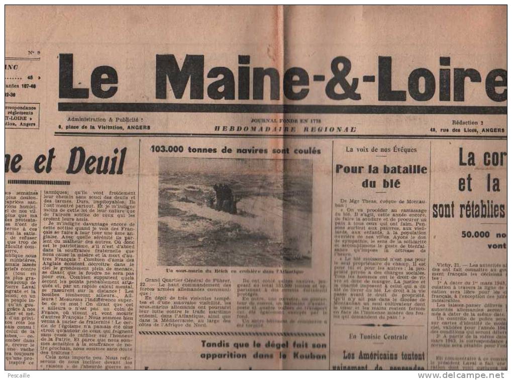 LE MAINE & LOIRE 28 02 1943 - KOUBAN - LAVAL LIGNE DE DEMARCATION / PRISONNIERS - SUISSE - OASIS GAFSA - ANGERS - - Autres & Non Classés