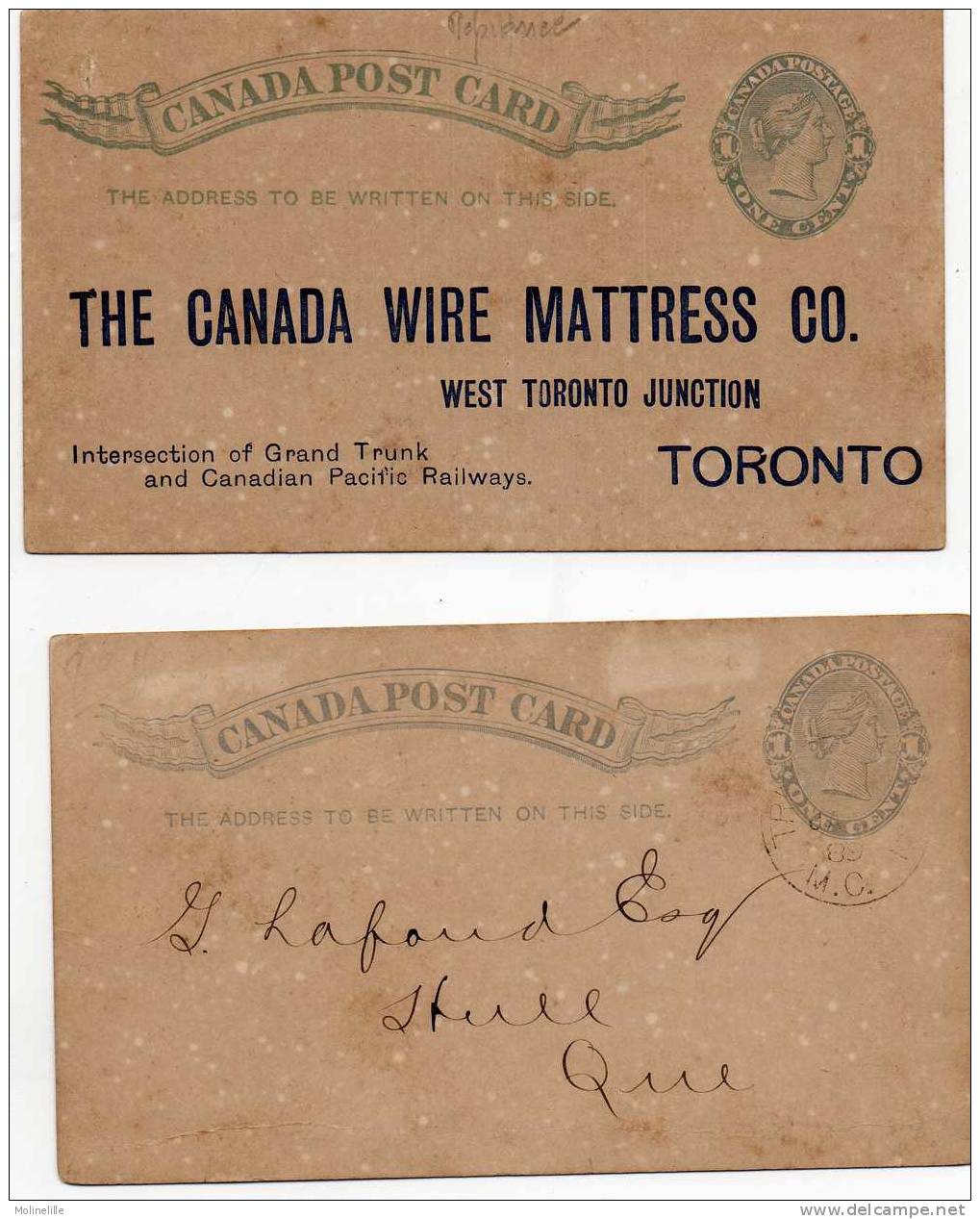 LOT 190   - CANADA 1887 - 2 Cartes Post; "réponse" (1 Oblit. Et 1 Repiqué Neuve) - Reply Coupons