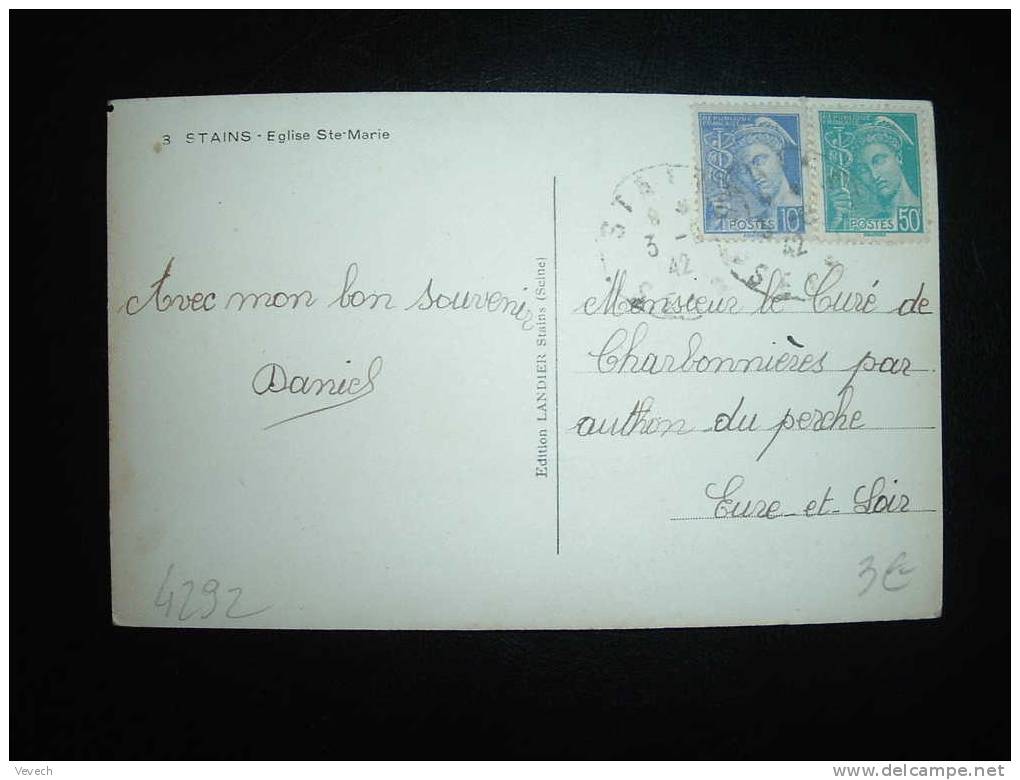 CP TYPE MERCURE 50 C + 10 C OBL. 03-08-1942 STAINS (93 SEINE SAINT DENIS) - 1938-42 Mercure