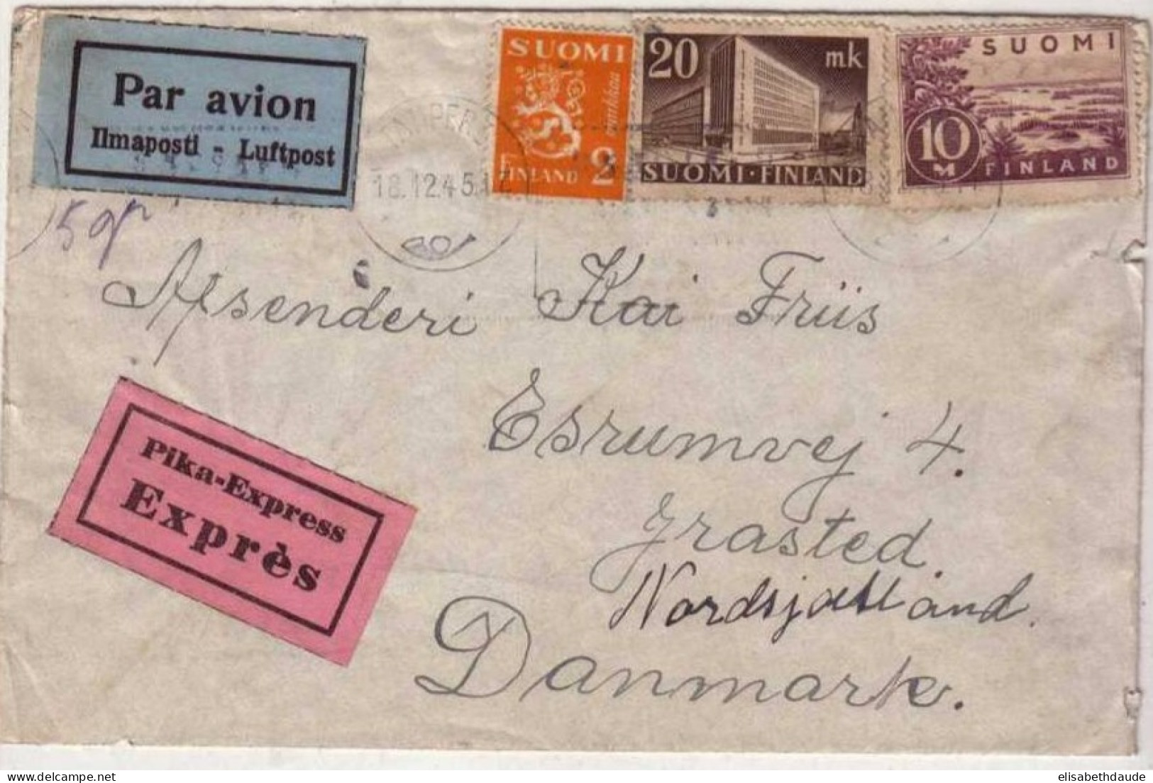 FINLANDE - 1945 - LETTRE EXPRES ! PAR AVION De TAMPERE Pour Le DANEMARK - Lettres & Documents