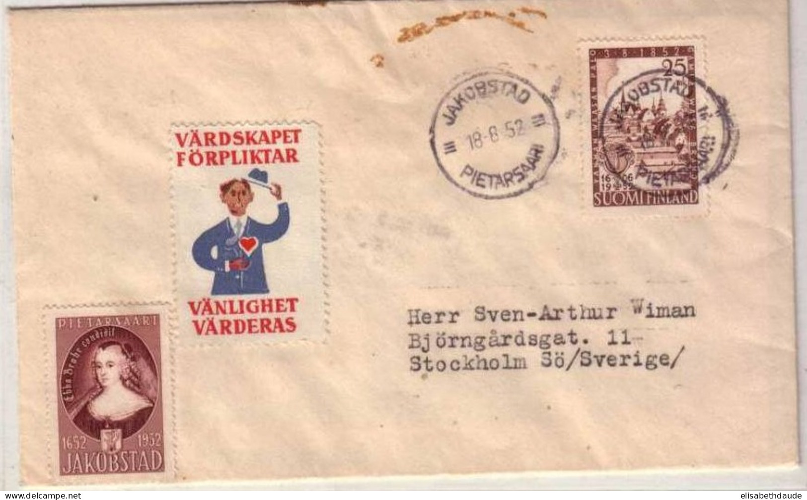 FINLANDE - 1952 - Seul Sur LETTRE Avec VIGNETTE De JAKOBSTAD Pour La SUEDE - Cartas & Documentos