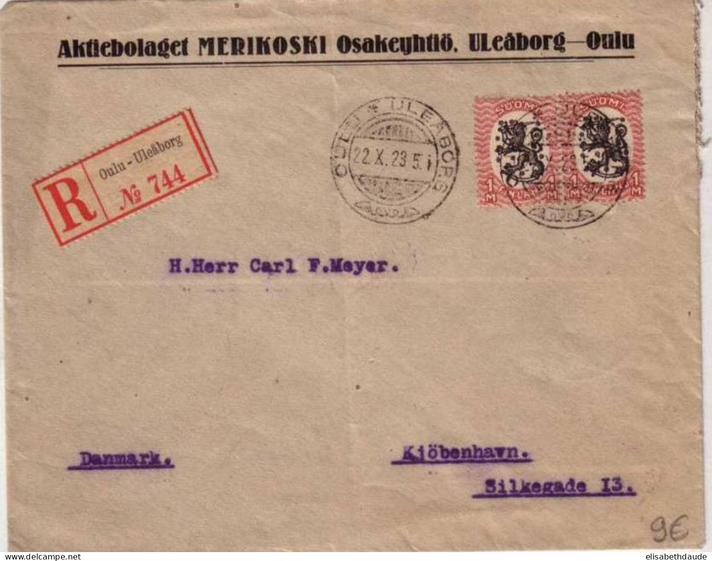 FINLANDE - 1923 - LETTRE COMMERCIALE RECOMMANDEE De OULU Pour COPENHAGUE - Covers & Documents