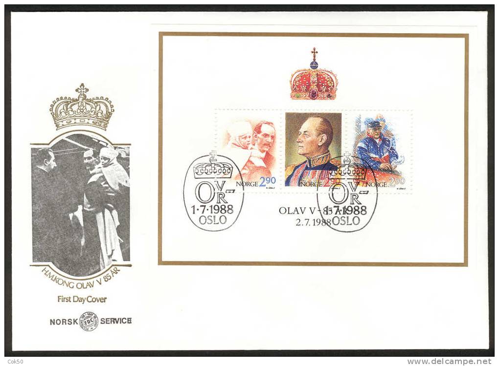 NORWAY FDC 1988 «King Olav V 85 Years, Souv.block». Perfect, Cacheted Unadressed Cover - FDC