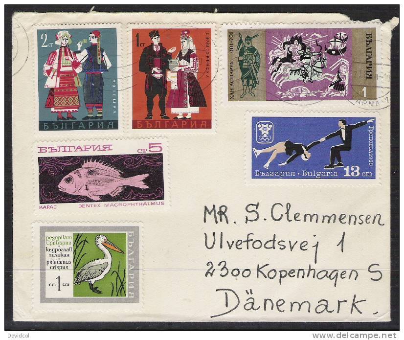 S956.-.BULGARIA .-.1970`S  .-.CIRCULATED COVER  TO DENMARK .-. FISH, SPORTS AND BIRDS  STAMPS  THEMES.- - Storia Postale