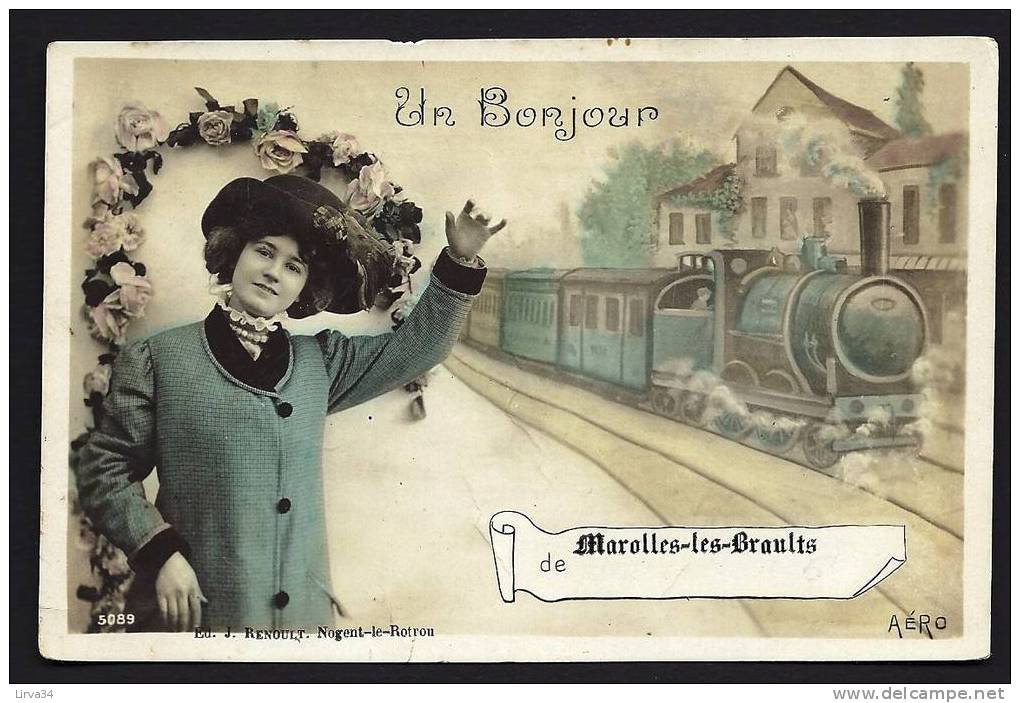 CPA-PHOTO ANCIENNE- FRANCE- MAROLLES-LES-BRAULTS (72)- FEMME AVEC DECOR DE ROSES ENVOYANT UN BONJOUR- TRAIN A VAPEUR - Marolles-les-Braults