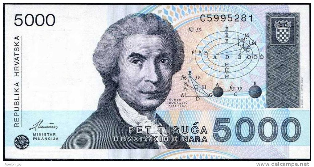 CROATIA -  KROATIEN:  5000 Dinara 15.1.1992  UNC *P-24a   SCARCE BANKNOTE !!! - Kroatien
