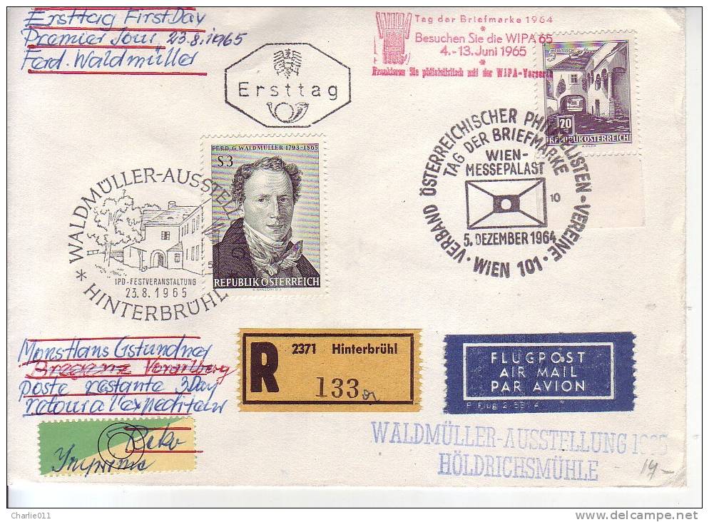WALDMULLER-3 S-PAINTER-FDC-REGISTERED-SPEC POSTMARKS-STAMP DAY-AUSTRIA-1965 - Covers & Documents