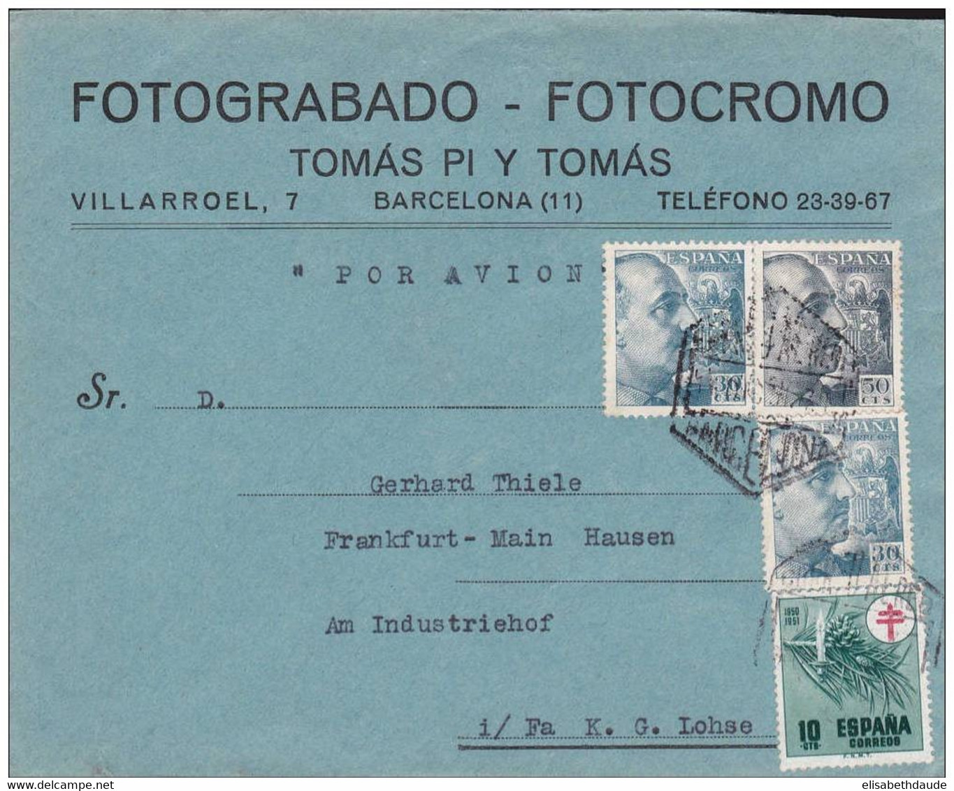 ESPAGNE - 1951 - LETTRE COMMERCIALE (PHOTOS) PAR AVION DE BARCELONA POUR FRANKFURT - TIMBRE DE BIENFAISANCE - Covers & Documents