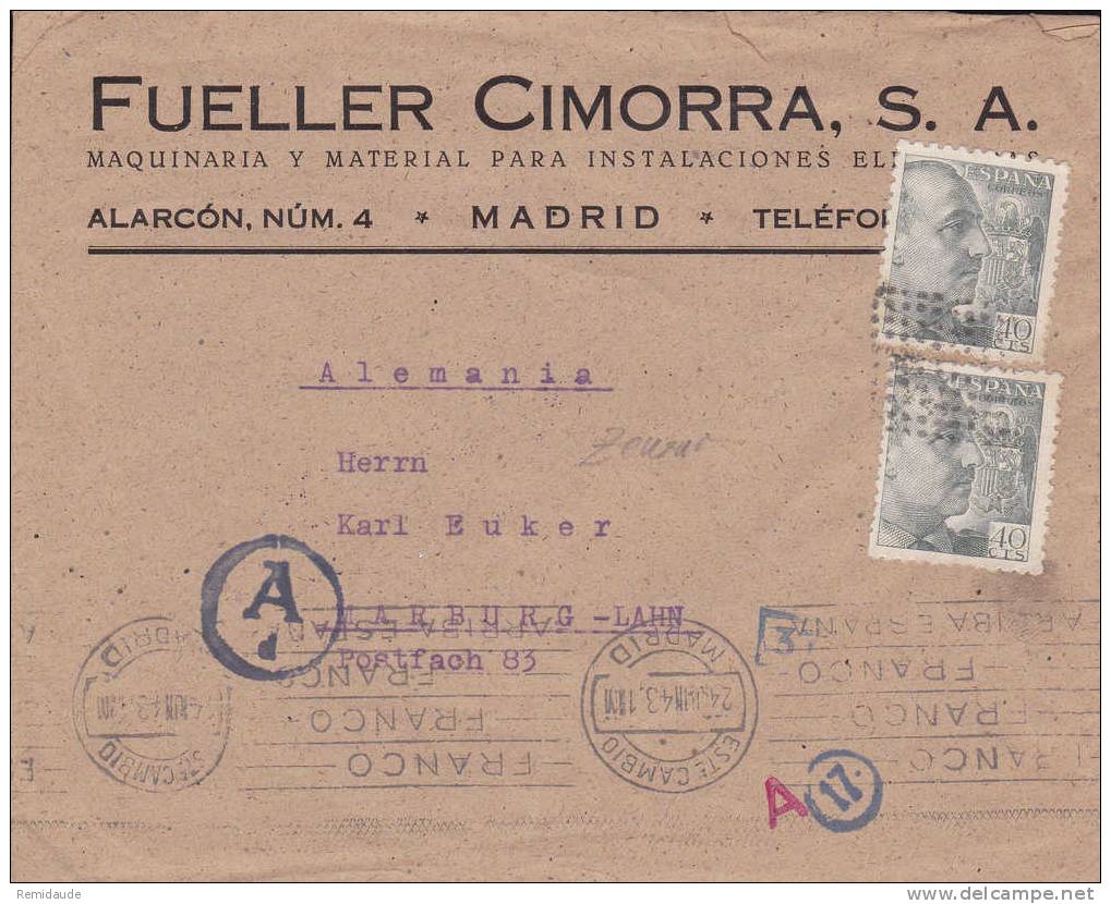 ESPAGNE - 1943 - LETTRE COMMERCIALE DE MADRID POUR MARBURG (ALLEMAGNE) - CENSURES MADRID + ALLEMANDE - Covers & Documents